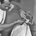 Fritz un famoso bulldog de la televisin en el barbero. Abril 1961