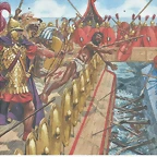 Batalla de Milas.los marinos romanos cruzando con el Orvus, los cartagineses les arrojan de todo, incluso culebras.Autor Giovanni Rava.