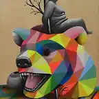 okuda_bear_hunter_hunted_esmalte_sintetico_y_acrilico_sobre_madera_65x54