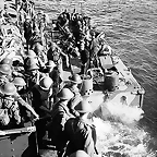 Troops of the Cameron Highlanders of Canada in landing craft prior to raid on Dieppe.