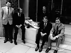 McLaren International John Barnard, Ron Dennis Teddy Mayer behind Tyler Alexander and Creighton Brown pose with a model of the McLaren MP4-1 at Canadian GP 1980