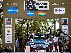 Xavier Pons and Ricardo Torlaschi at the start of the Dakar Rally before they finished third on the Prologue stage in heir Ford Ranger.