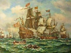 Accin herica del HMS Revenge contra la flota espaola1541. leo sobre lienzo Russel Cotes Art Gallery and Museum.Bernard Finegan Gribble.