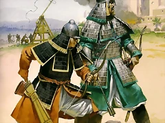 20-Asedio mongol de una ciudad asitica probablemente de Samarcanda. Dos jinetes pesados en primer plano, al fondo un trebuchete. Autor Angus McBride