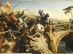 Bayard defend el pont Garigliano, por Henri-Felix Emmanuel Phillippoeaux.1839