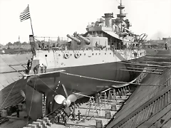 1898. U.S.S. Oregon in dry dock, Brooklyn Navy Yard.