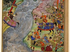 Escena de la batalla del Indo. Muestra a Jalal an-Din, cruzando el río para escapar de sus enemigos mongoles.