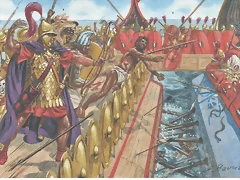 Batalla de Milas.los marinos romanos cruzando con el Orvus, los cartagineses les arrojan de todo, incluso culebras.Autor Giovanni Rava.