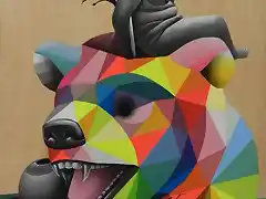 okuda_bear_hunter_hunted_esmalte_sintetico_y_acrilico_sobre_madera_65x54