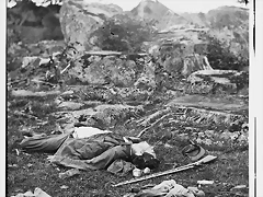 Dead confederate soldiers in The Devil's Den-Gettysburg July 1863