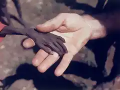 1980 Un misionero agarra la mano de un nio a punto de morir de hambre en Karamoja, Uganda.